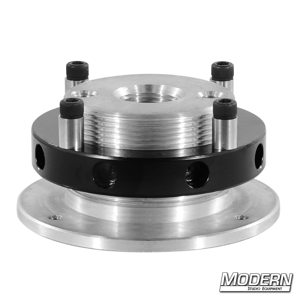 Mitchell thread with locking collar and castle nut for securing camera heads to Mitchell base mounts in professional film and TV production rigs