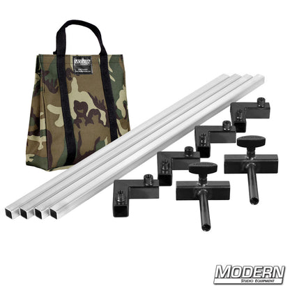 Film production frame kit showing aluminum tubes, ears, and connectors laid out with camo bag