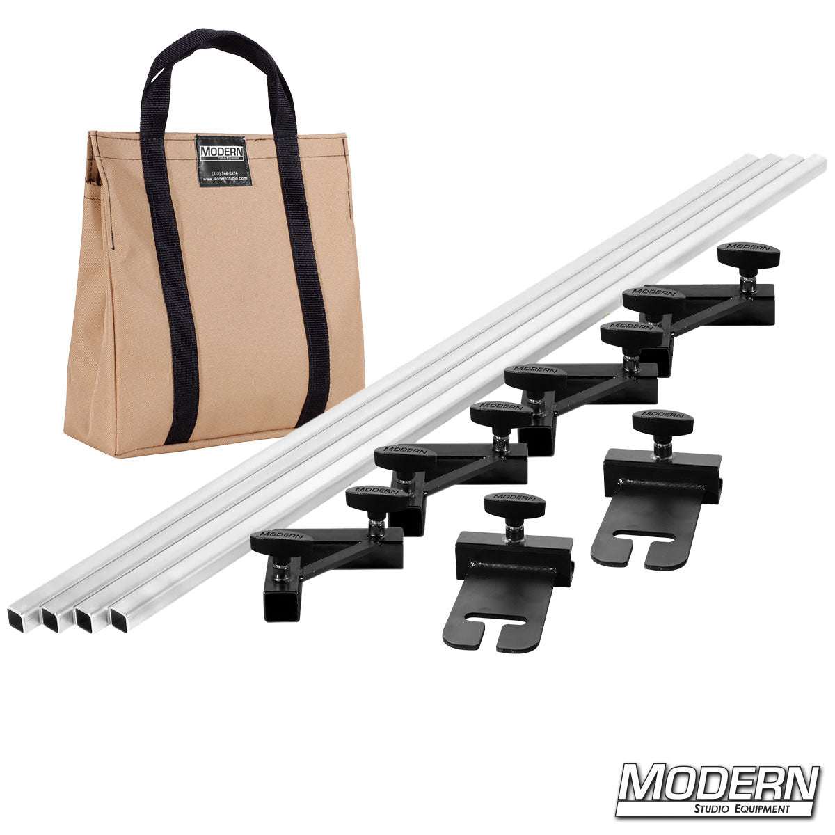 Set of audio equipment stands with carrying bag on a white background