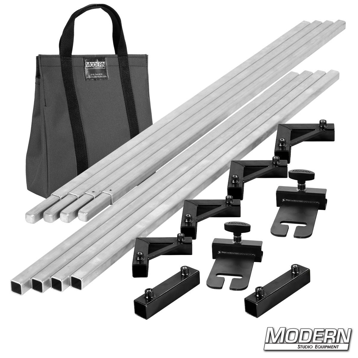 Set of metal rods and clamps with a carrying bag on a white background, featuring the brand 'Modern Studio Equipment'.