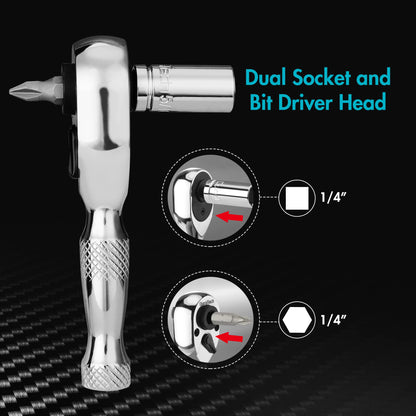1/4-Inch Stubby Ratchet Wrench, Socket & Bit Driver, 72-Tooth, Chrome Alloy Made