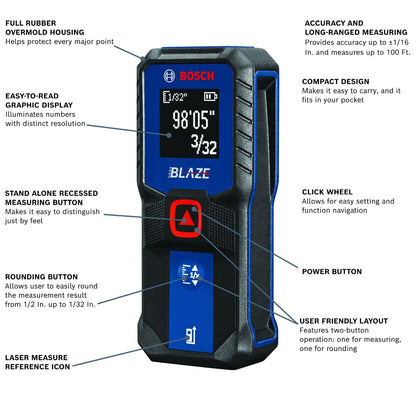 BOSCH 100 Ft Blaze Laser Distance Measure, Includes 2 AA Batteries - Grip Support Store