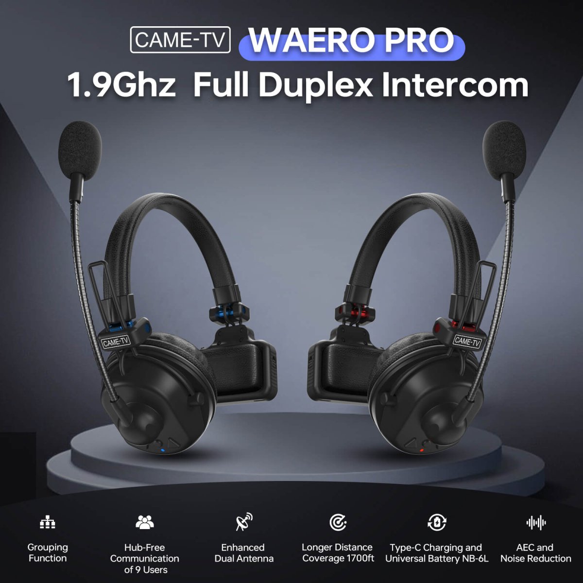 CAME-TV WAERO Pro Full Duplex Dual Antenna 1.9G Lightweight Wireless Intercom Headset - 8 Pack