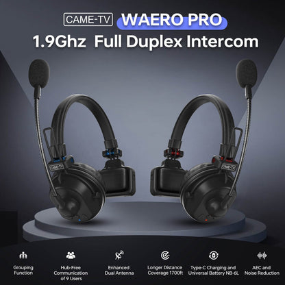 CAME-TV WAERO Pro Full Duplex Dual Antenna 1.9G Lightweight Wireless Intercom Headset - 8 Pack