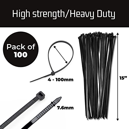 15" Black Zip Cable Ties (100 Pack), 120lbs Tensile Strength - Heavy Duty