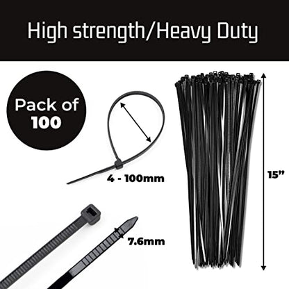 15" Black Zip Cable Ties (100 Pack), 120lbs Tensile Strength - Heavy Duty