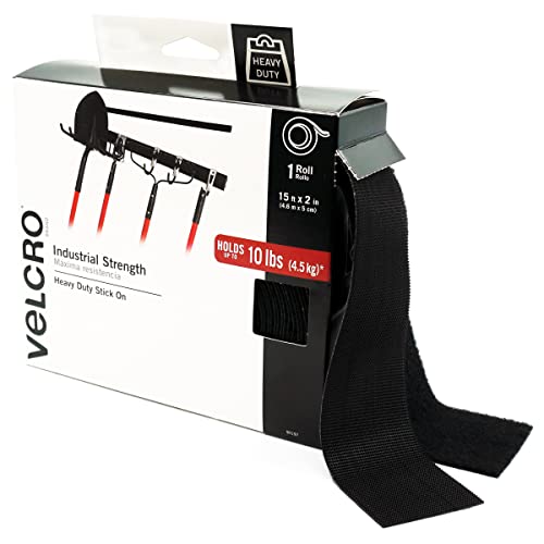 VELCRO 2" x 15' Heavy Duty Tape with Adhesive | Holds 10 lbs, Black - Grip Support Store